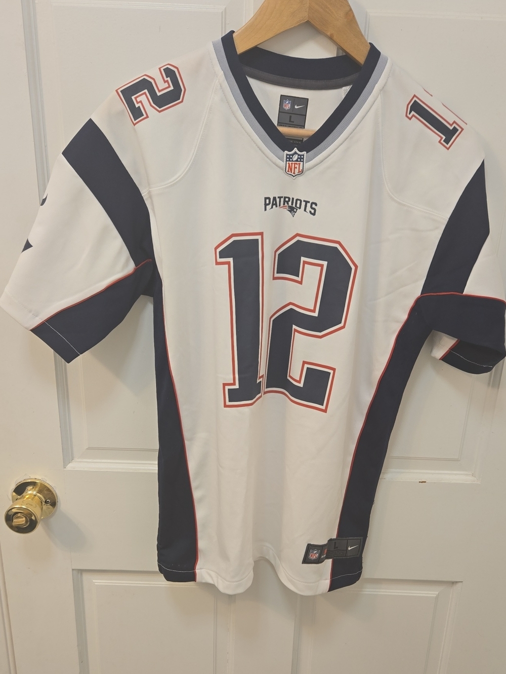 Nike White Navy Red Kids Patriots #12(Tom Brady) Football Jersey